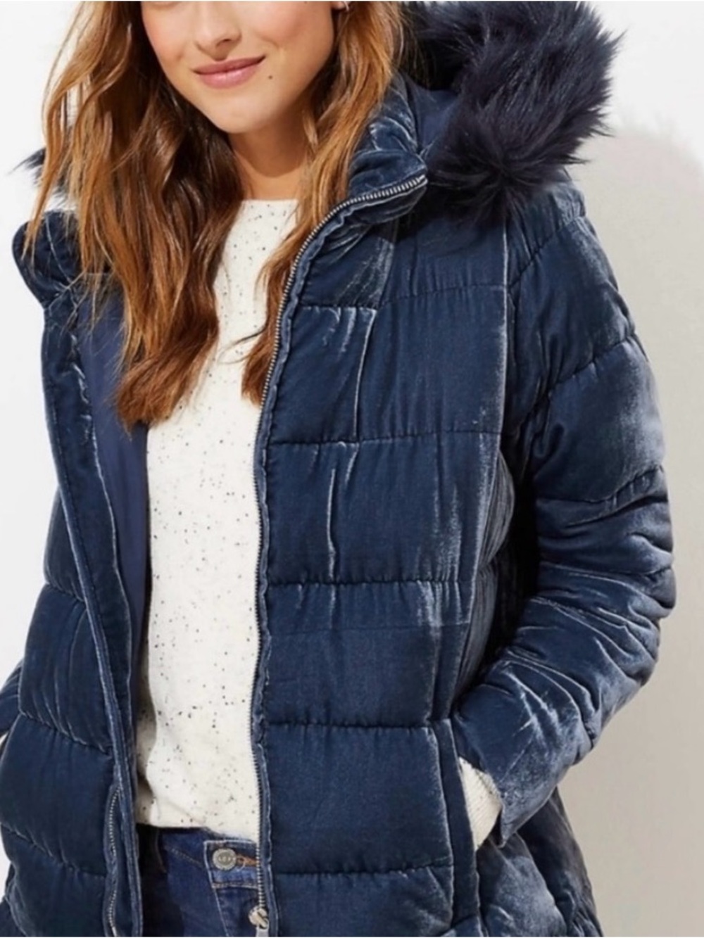 LOFT Crushed Velvet Blue Puffer Coat with Faux Fur Hood
